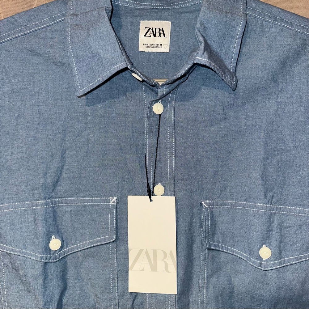 Zara Mens Blue Chambray Denim Regular Fit Button Up Long Sleeve Shirt NWT Size S - Picture 2 of 5